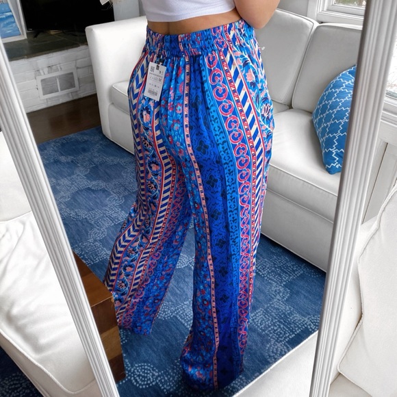 π¦ ZARA BOHO BLUE MULTI TRIBAL SATIN WIDE LEG HIGH WAIST PANTS! - Picture 3 of 16
